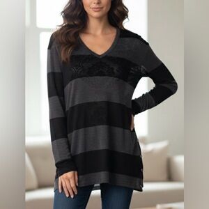 Theory Striped Long Sleeve V-Neck 100% Wool Sweater Top Size Small